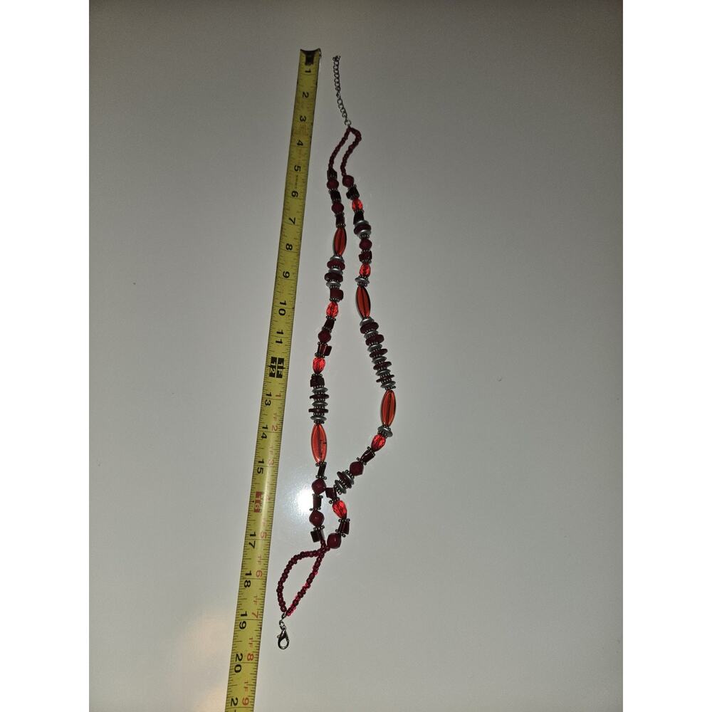 Red Multi-Strand Glass Beaded Statement Necklace Silver Tone Lobster 19" - Picture 6 of 6
